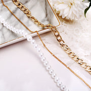 Pearl and Curb 3 Piece Layer 18K Gold Plated Necklace in 18K Gold Plated ITALY Design