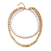 Pearl and Curb 3 Piece Layer 18K Gold Plated Necklace in 18K Gold Plated ITALY Design