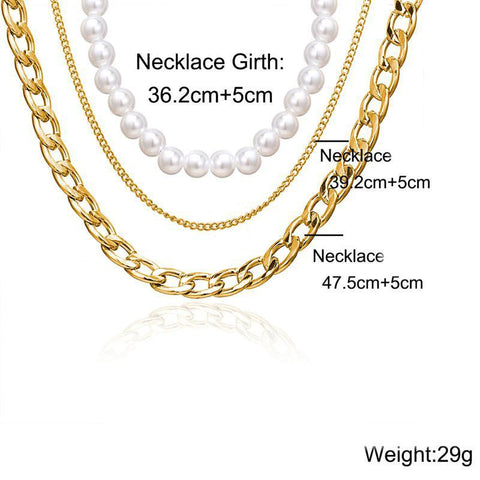 Pearl and Curb 3 Piece Layer 18K Gold Plated Necklace in 18K Gold Plated ITALY Design