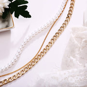 Pearl and Curb 3 Piece Layer 18K Gold Plated Necklace in 18K Gold Plated ITALY Design