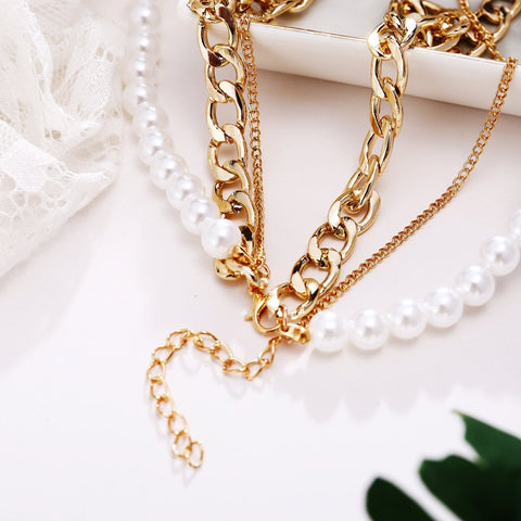 Pearl and Curb 3 Piece Layer 18K Gold Plated Necklace in 18K Gold Plated ITALY Design