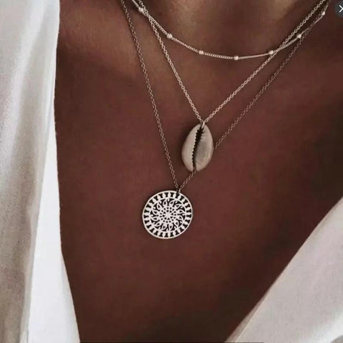 Bohemian and Shell 3 Piece Layer 18K Gold Plated Necklace in 18K Gold Plated ITALY Design