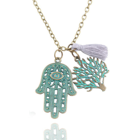 Hamsa Tree of Life Tassell 18K Gold Plated Necklace in 18K Gold Plated ITALY Design