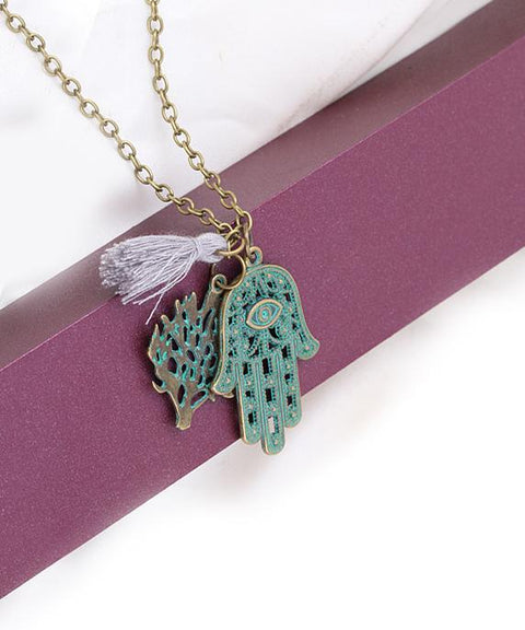 Hamsa Tree of Life Tassell 18K Gold Plated Necklace in 18K Gold Plated ITALY Design
