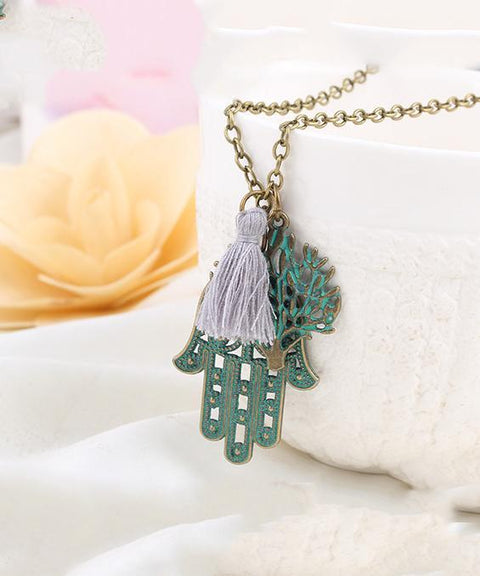 Hamsa Tree of Life Tassell 18K Gold Plated Necklace in 18K Gold Plated ITALY Design