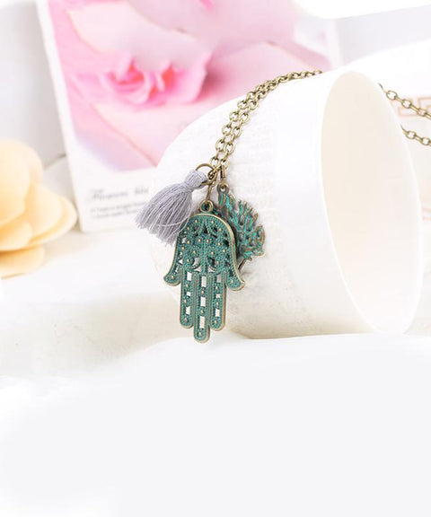 Hamsa Tree of Life Tassell 18K Gold Plated Necklace in 18K Gold Plated ITALY Design