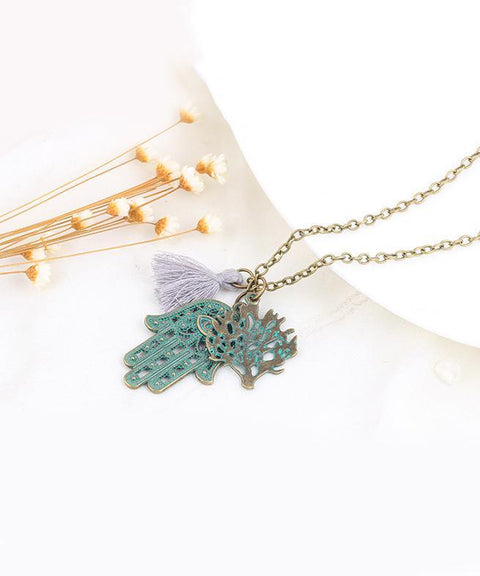 Hamsa Tree of Life Tassell 18K Gold Plated Necklace in 18K Gold Plated ITALY Design