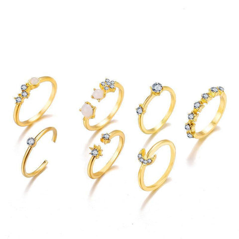 9 Piece Celestial Ring Set With Gemstone  Crystals 18K Gold Plated Ring Set