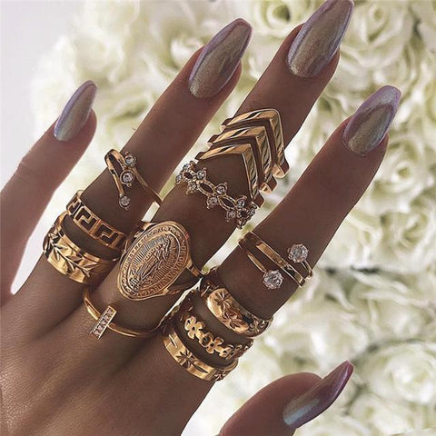 13 Piece Medallion Ring Set With Gemstone  Crystals 18K Gold Plated Ring