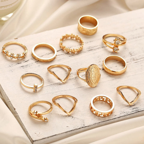 13 Piece Medallion Ring Set With Gemstone  Crystals 18K Gold Plated Ring