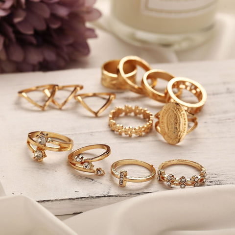 13 Piece Medallion Ring Set With Gemstone  Crystals 18K Gold Plated Ring