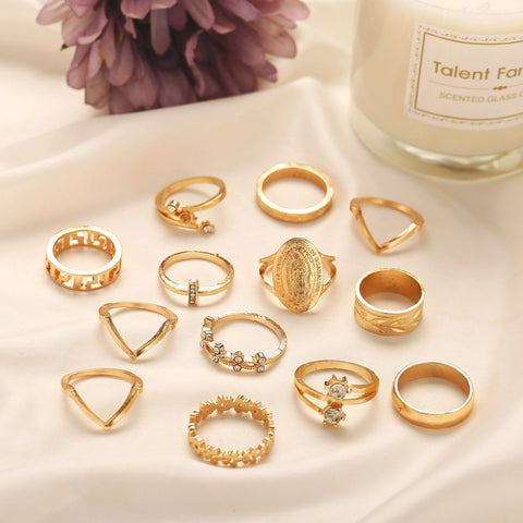 13 Piece Medallion Ring Set With Gemstone  Crystals 18K Gold Plated Ring