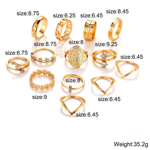 13 Piece Medallion Ring Set With Gemstone  Crystals 18K Gold Plated Ring