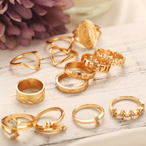13 Piece Medallion Ring Set With Gemstone  Crystals 18K Gold Plated Ring