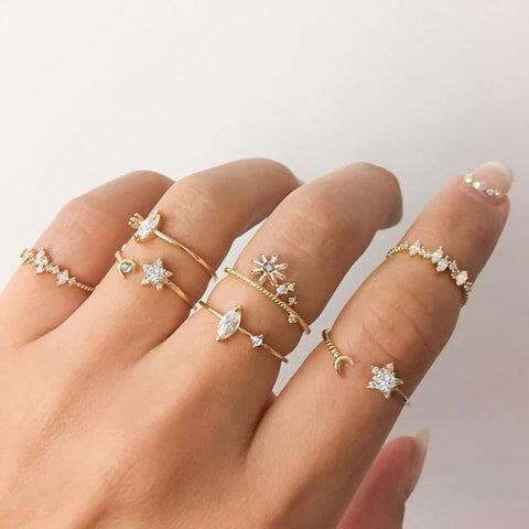 5 Piece Stars Ring Set With Crystals 18K Gold Plated Ring in 18K Gold Plated ITALY Design