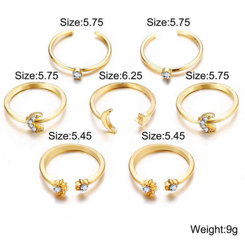 7 Piece Moon & Stars Ring Set With Gemstone  Crystals 18K Gold Plated Ring