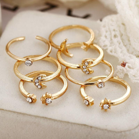 7 Piece Moon & Stars Ring Set With Gemstone  Crystals 18K Gold Plated Ring