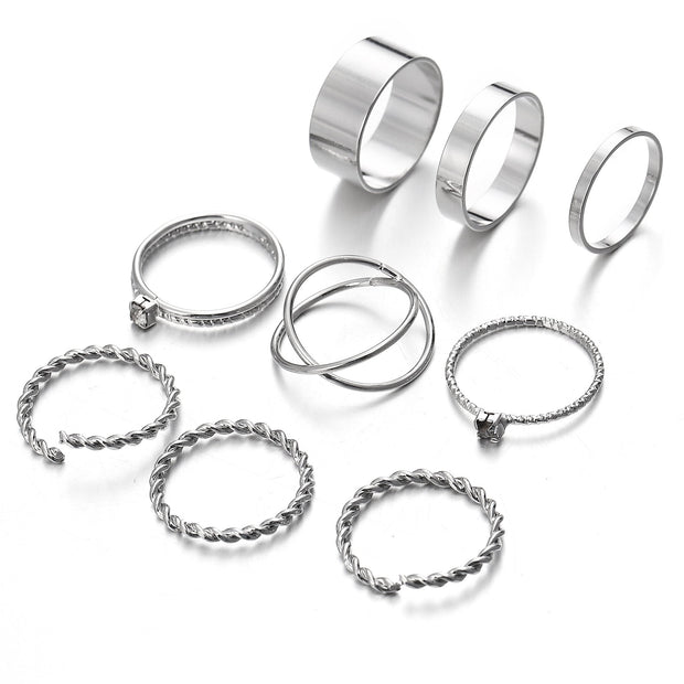 9 Piece Twist Geo Ring Set 18K White Gold Plated Ring in 18K White Gold Plated ITALY Design