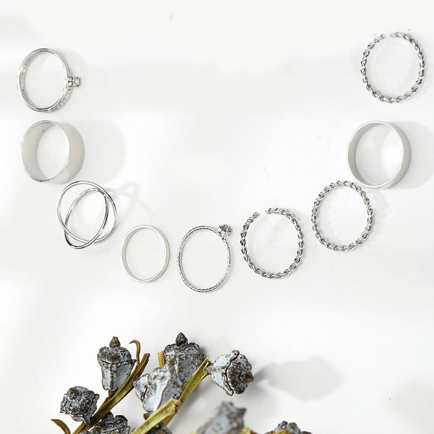 9 Piece Twist Geo Ring Set 18K White Gold Plated Ring in 18K White Gold Plated ITALY Design