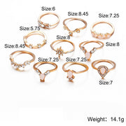 10 Piece Opal Created Ring Set With Gemstone  Crystals 18K Gold Plated Ring