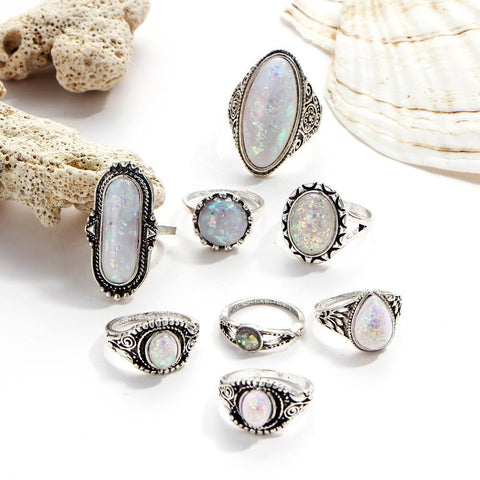 8 Piece Opal Created Oxidized Ring Set With Gemstone  Crystals 18K White Gold Plated Ring 