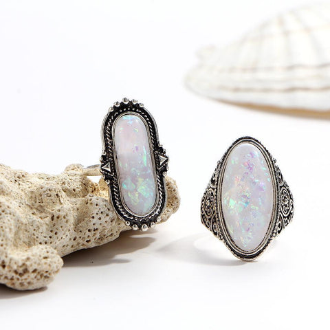 8 Piece Opal Created Oxidized Ring Set With Gemstone  Crystals 18K White Gold Plated Ring 