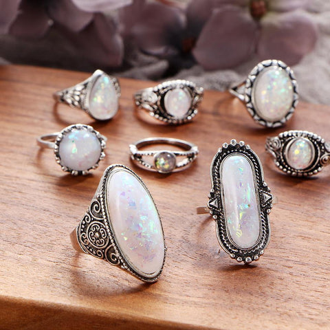 8 Piece Opal Created Oxidized Ring Set With Gemstone  Crystals 18K White Gold Plated Ring 
