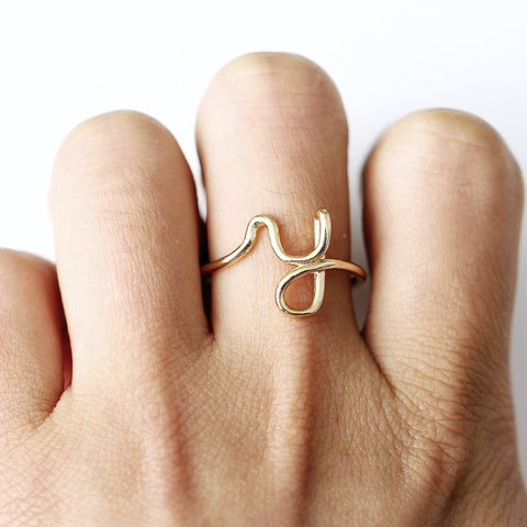 14K Gold Plating Sleek Initial Curved Adjustable Ring ITALY Design