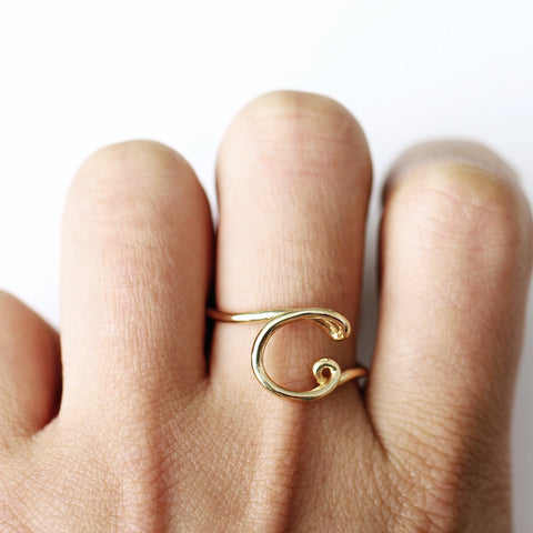 14K Gold Plating Sleek Initial Curved Adjustable Ring ITALY Design