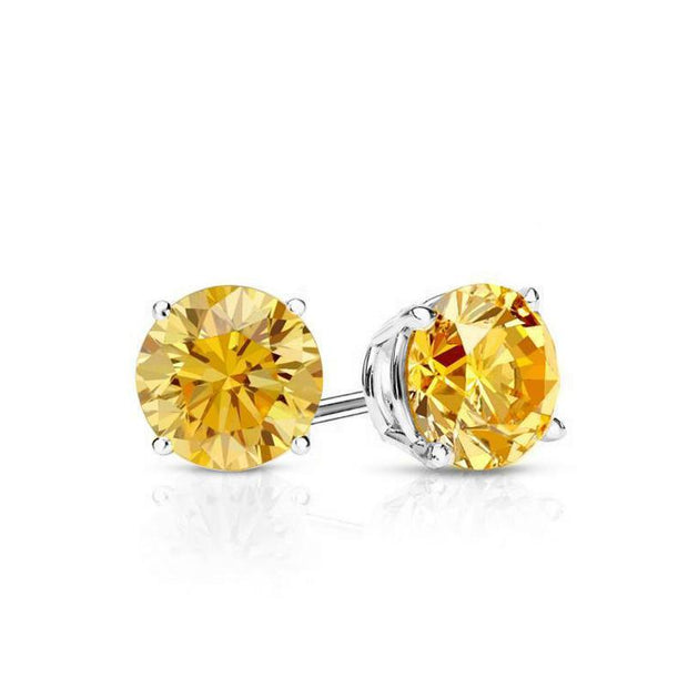 Yellow Stone Embellished with  Crystals 7mm Stud Earringin 18K White Gold Plated