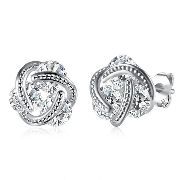 Austrian Crystal Mesh Knot Earrings Set in 18K White Gold - ALILY 