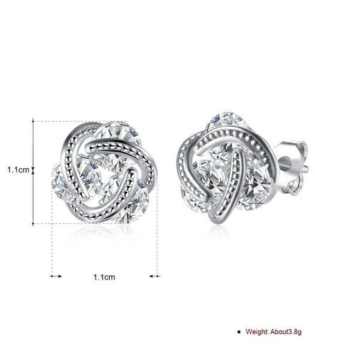 Triple Stone Knot Stud Earring in 18K White Gold Plated with  Crystals