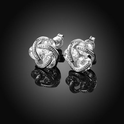 Austrian Crystal Mesh Knot Earrings Set in 18K White Gold - ALILY 