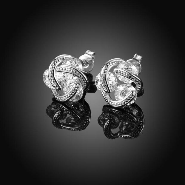 Austrian Crystal Mesh Knot Earrings Set in 18K White Gold - ALILY 