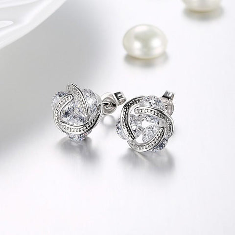 Austrian Crystal Mesh Knot Earrings Set in 18K White Gold - ALILY 