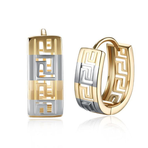 Greek Medallion Duo Toned Huggie Hoop Earrings Set in 18K White Gold - ALILY 