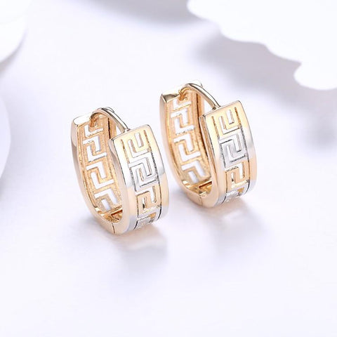 Greek Medallion Duo Toned Huggie Hoop Earrings Set in 18K White Gold - ALILY 