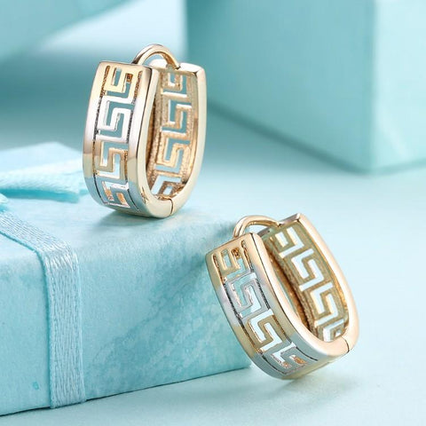 Greek Medallion Duo Toned Huggie Hoop Earrings Set in 18K White Gold - ALILY 