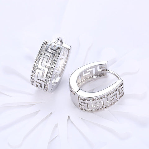 Greek Design Leverback Earring in 18K White Gold Plated with  Crystals