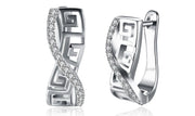 14K White Gold Plated Austrian Elements Pav'e Greek Key Design Pav'e Curved Hinge Earrings ITALY Design