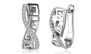 14K White Gold Plated White Sapphire Pav'e Greek Key Design Pav'e Curved Hinge Earrings