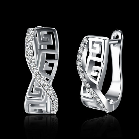 Italian Twist Roman Design Leverback Earring in 18K White Gold Plated with  Crystals