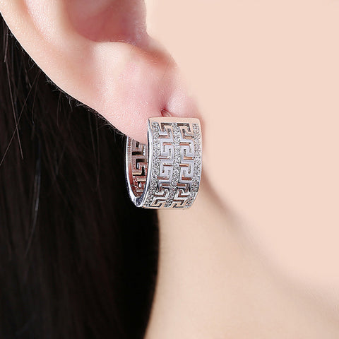 French Twist Design Huggie Earring in 18K White Gold Plated with  Crystals