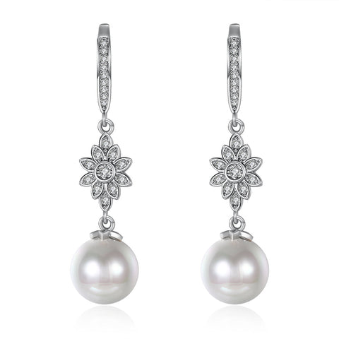Freshwater Pearl Starburst Drop Earring in 18K White Gold Plated with  Crystals