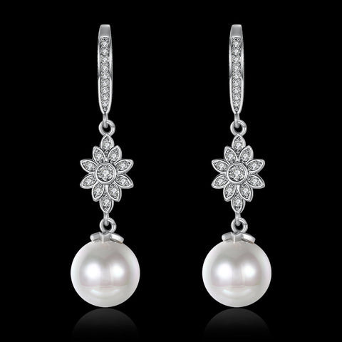 Freshwater Pearl Starburst Drop Earring in 18K White Gold Plated with  Crystals