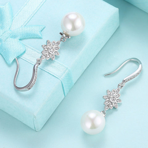 Freshwater Pearl Starburst Drop Earring in 18K White Gold Plated with  Crystals