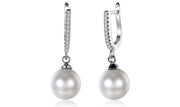 White Sapphire Thin Dangling Freshwater Pearl Clip On Earrings in 14K White Gold Plating