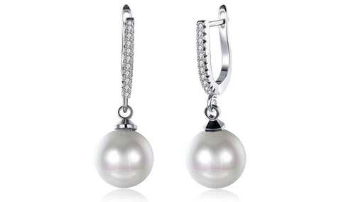 White Austrian Elements Thin Dangling Freshwater Pearl Clip On Earrings in 14K White Gold Plating ITALY Design