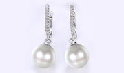White  Elements Thin Dangling Freshwater Pearl Clip On Earrings in 14K White Gold Plating