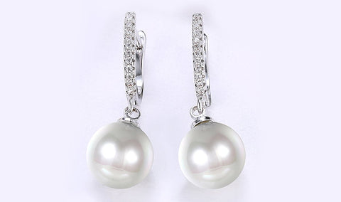 White Austrian Elements Thin Dangling Freshwater Pearl Clip On Earrings in 14K White Gold Plating ITALY Design